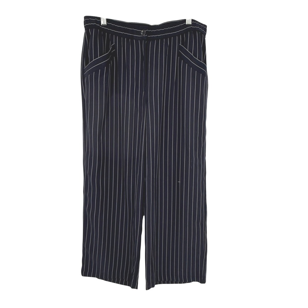 Eileen Fisher Pinstripe‎ Trousers Womens SP Navy Blue Excellent Wide Leg Tencel